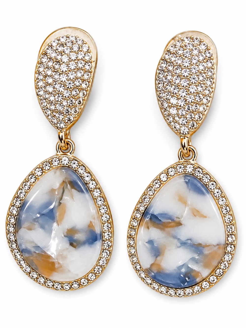 Blue Marble Resin Drop Earrings | Gold Rhinestone Trim | Statement Jewelry